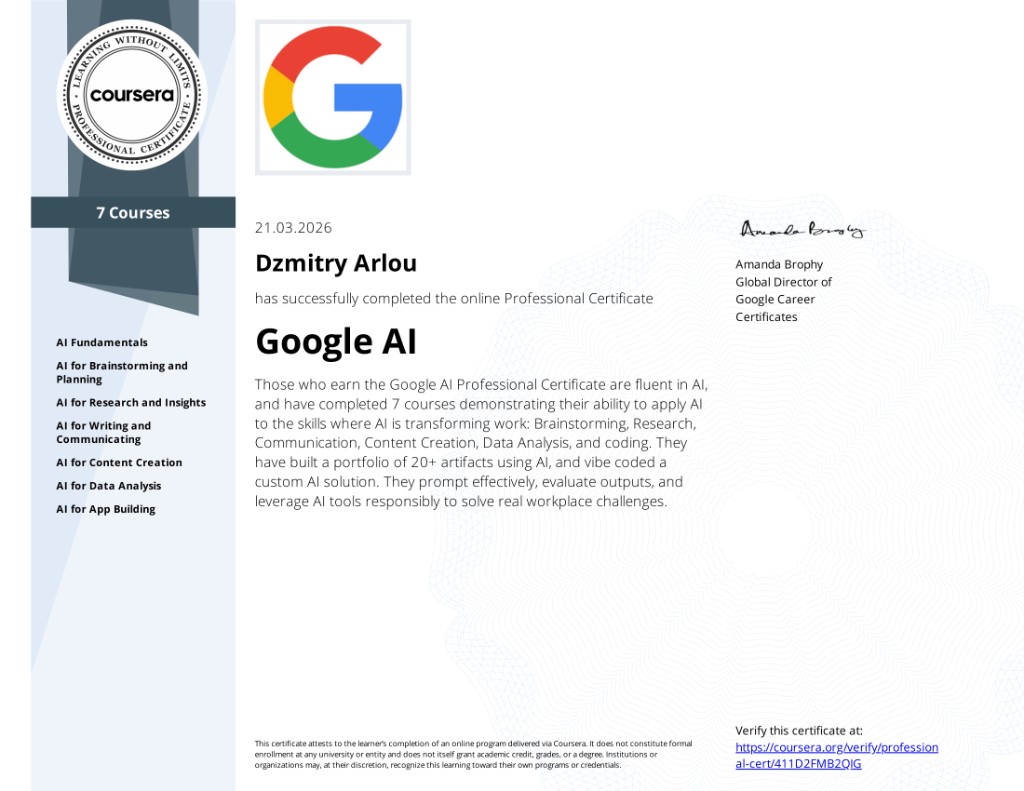 Google AI Professional Certificate — Dzmitry Arlou (Coursera)